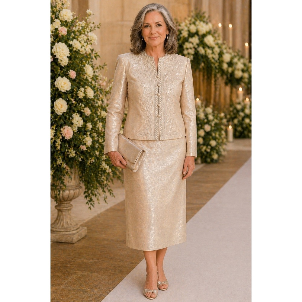 Papell Petites 2 Piece Skirt Suit Champagne Silk Beaded Formal Wedding 8P